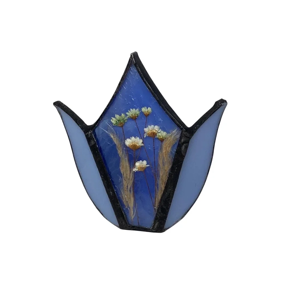 Handmade Stained Glass Dragonfly Holder and Pressed Flower Tulip Set Blue White